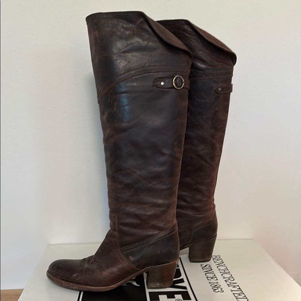 Frye Jane Tall Cuff Dark Brown Leather Knee-High Boots Western - Picture 3 of 7